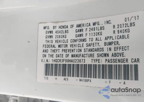 2017 Honda Accord Touring V6 z USA, uszkodzony, nr VIN 1HGCR3F98HA023673